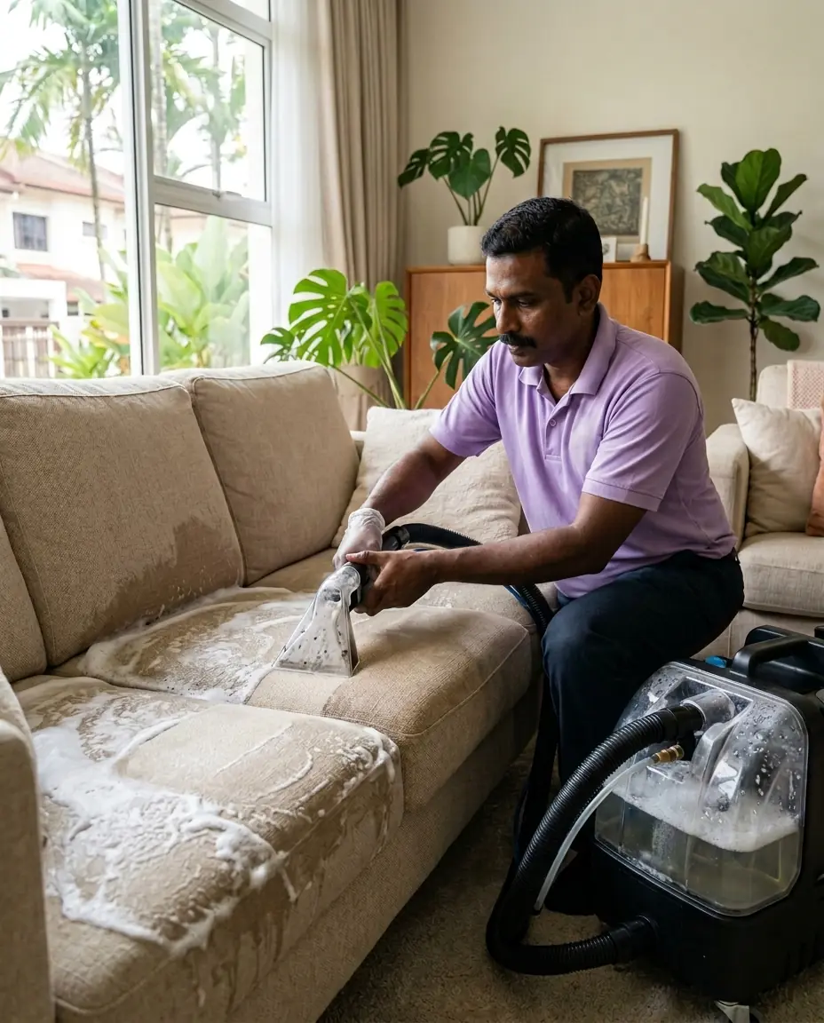 A KleanPro cleaner shampooing a beige fabric sofa with an extraction machine