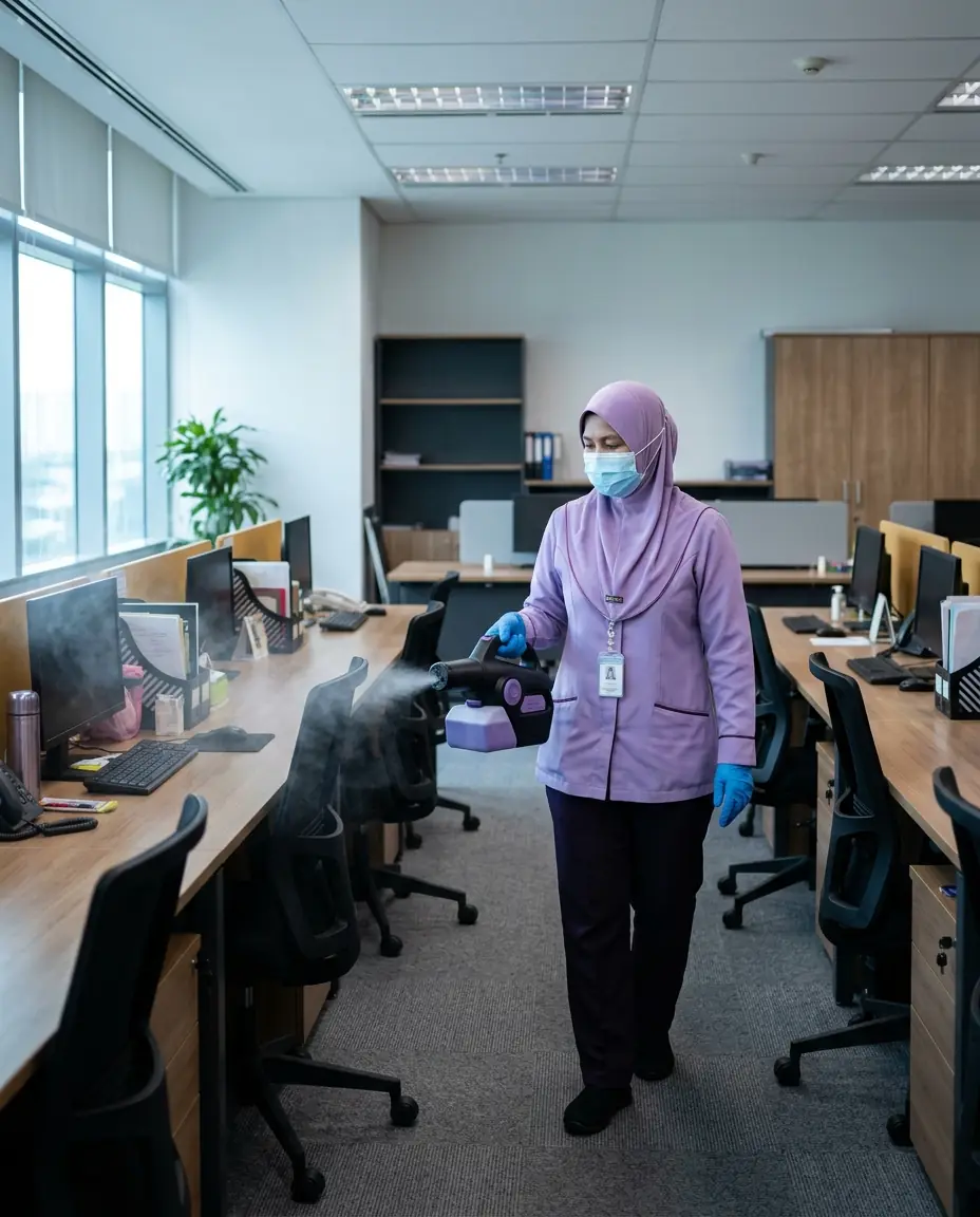 A KleanPro cleaner in mask and gloves fogging an empty office with disinfectant mist