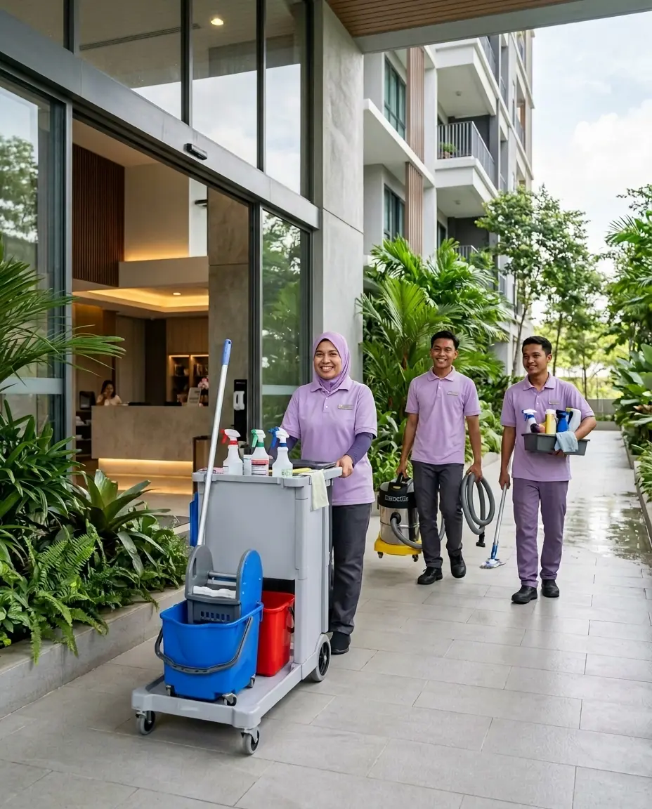 Three KleanPro cleaners in lavender uniforms arriving at a Petaling Jaya condo lobby with a trolley, vacuum and supplies