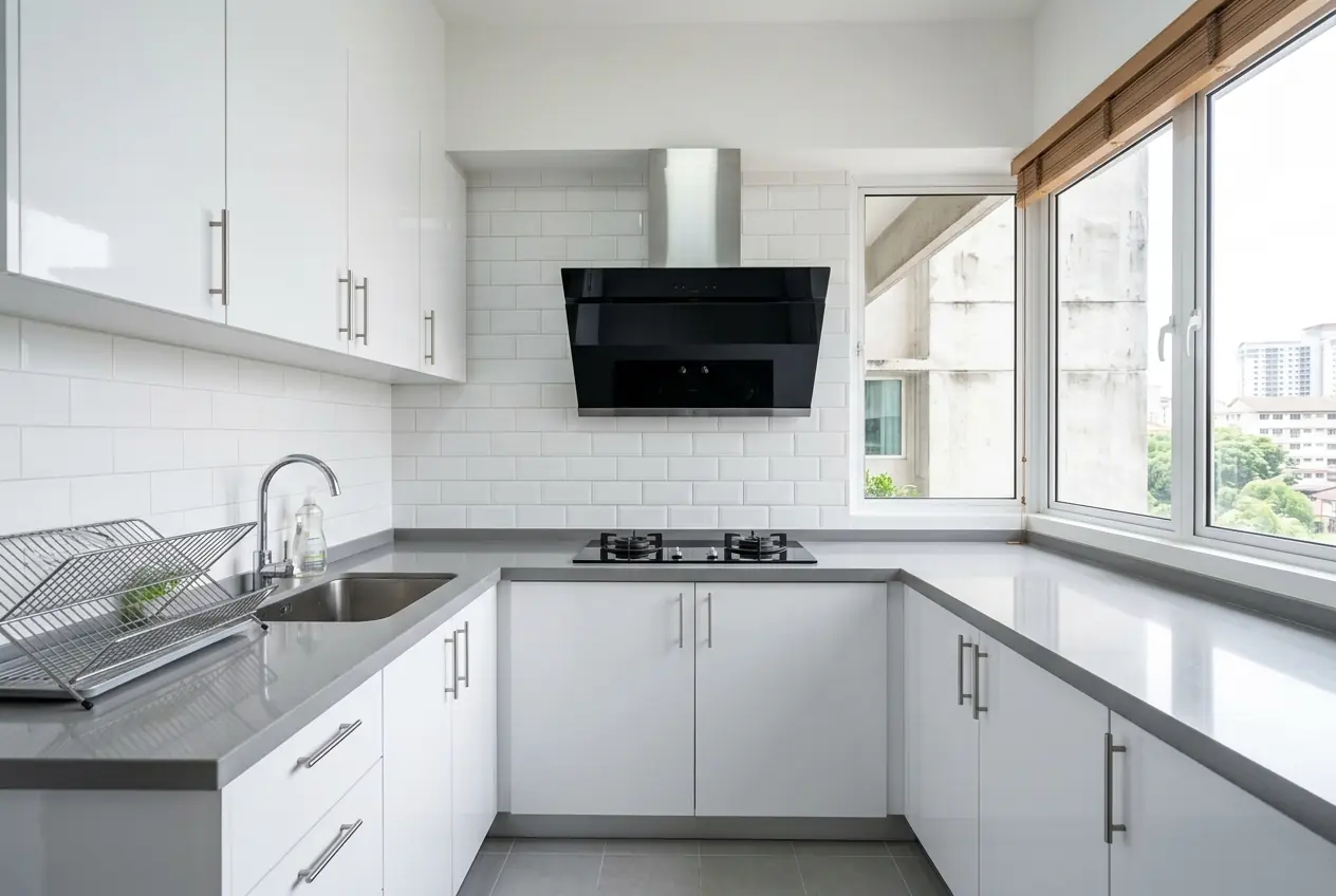 The same kitchen after a deep clean: shining hood, white tiles, clean countertop and empty sink