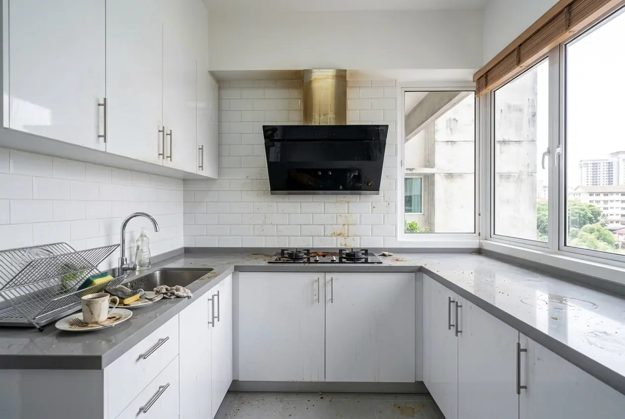 A condo kitchen before cleaning: grease on the cooker hood and tiles, stains around the hob, dishes in the sink
