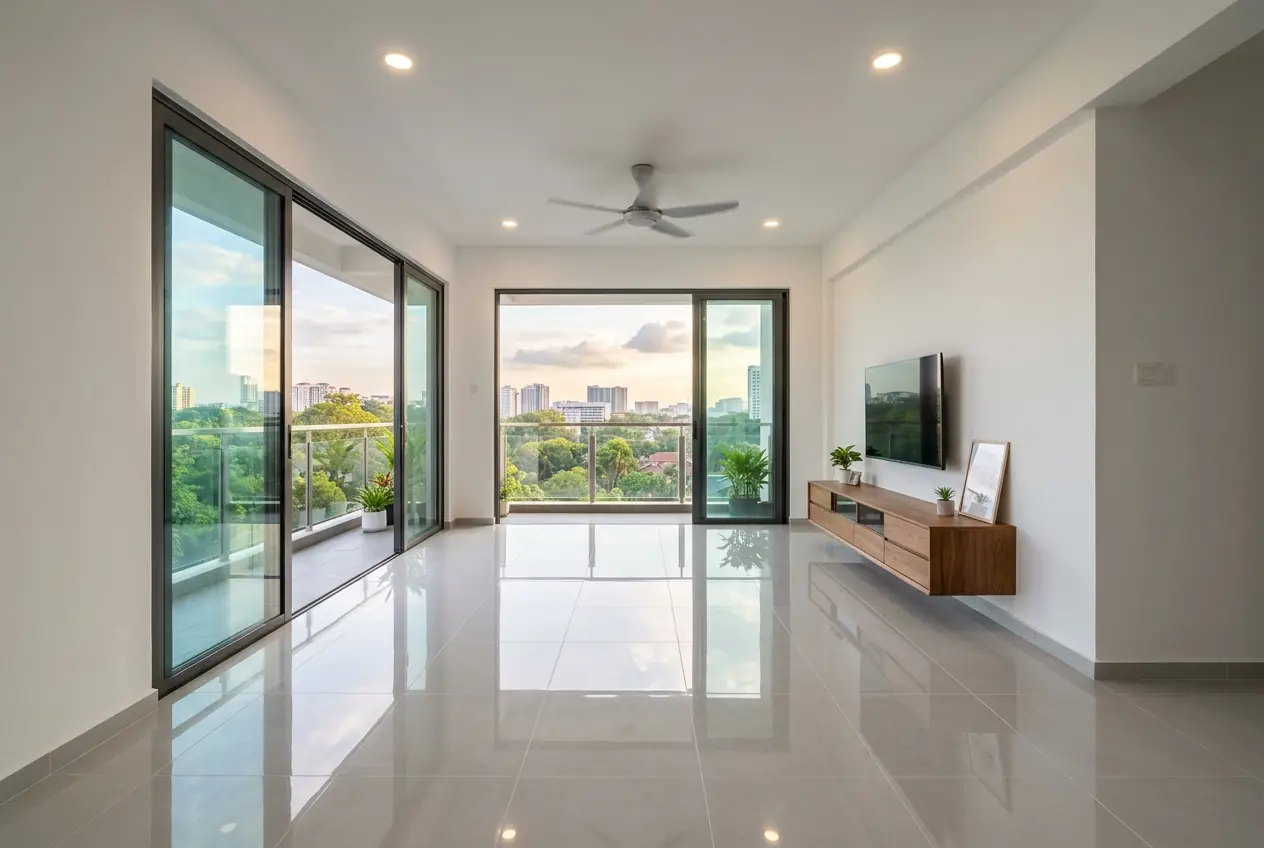 The same living room after the post-renovation clean: shining floor tiles and clear sliding door