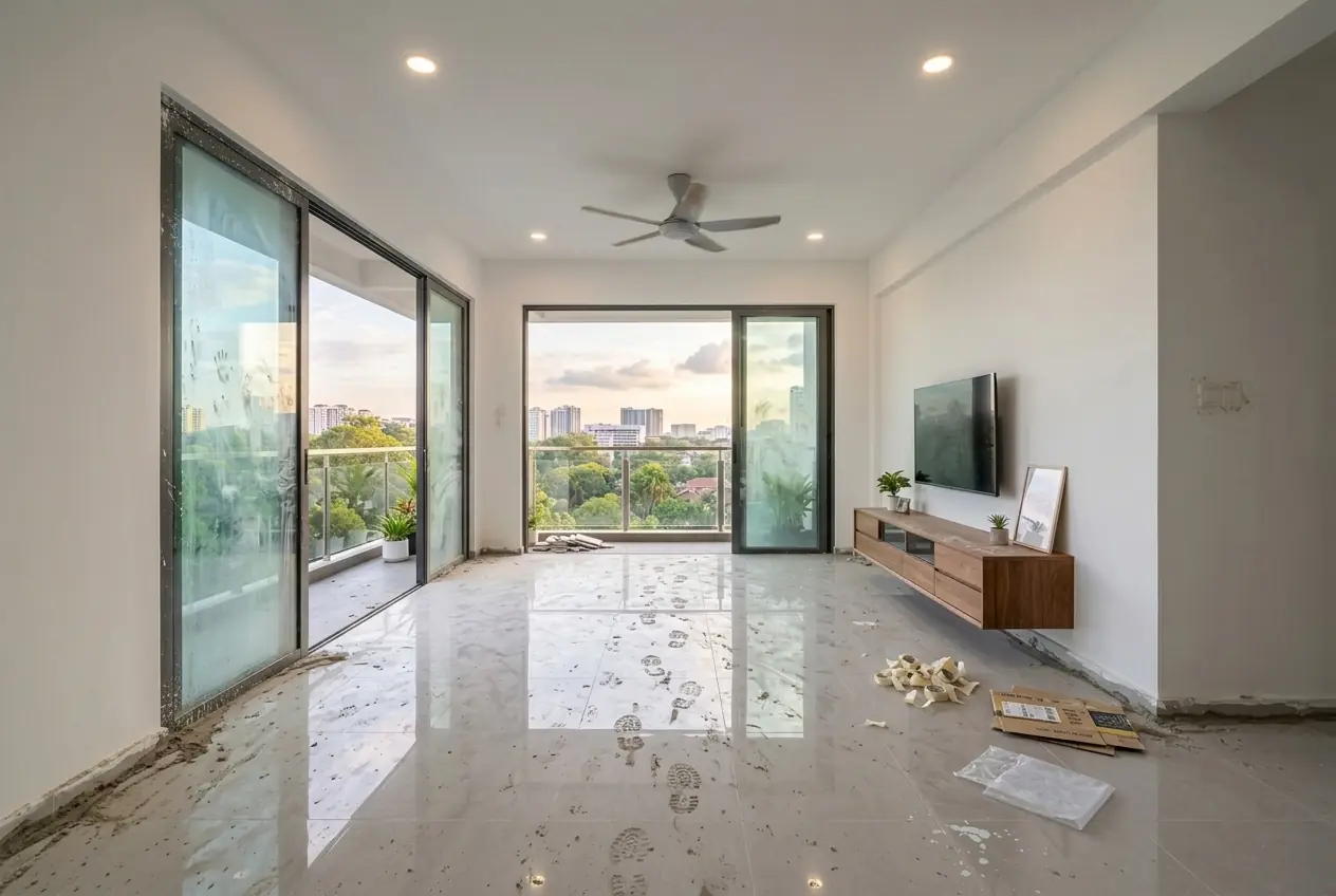 A newly renovated living room covered in grey dust, paint specks and offcuts