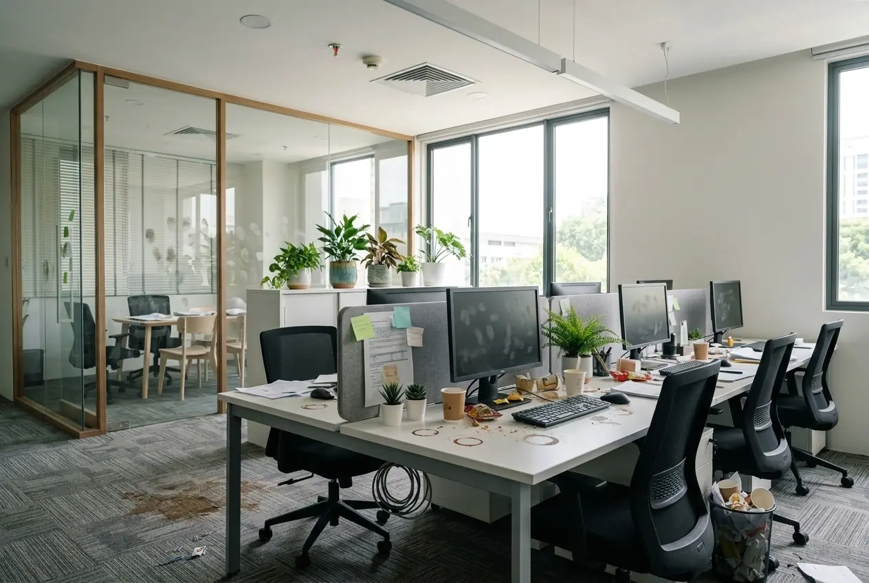 An open-plan office at the end of the week with cups, papers and stains on the carpet