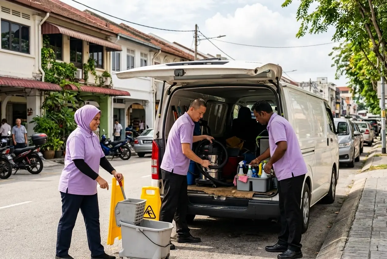 KleanPro cleaners loading mops, a vacuum and supply caddies into a van outside SS2 shophouses