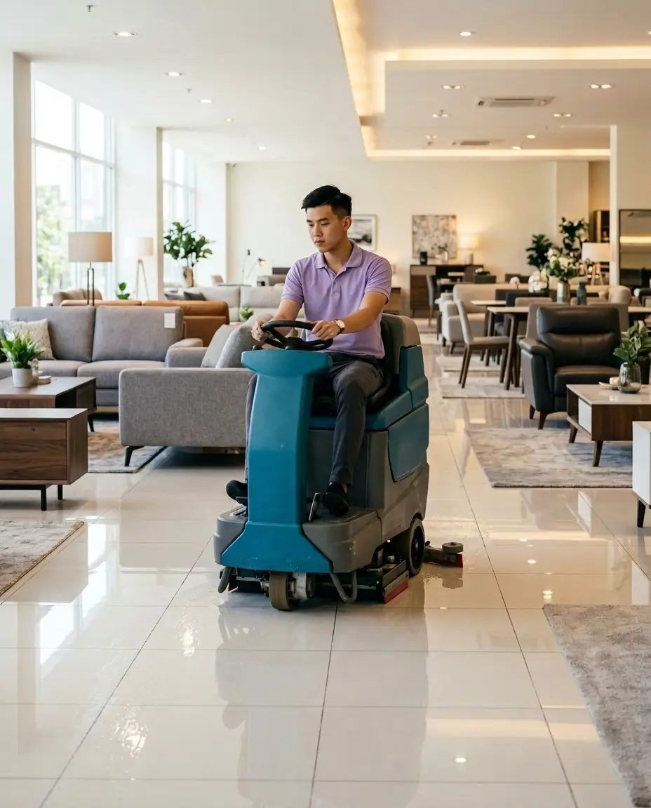 A KleanPro cleaner running a floor scrubber across a furniture showroom before opening